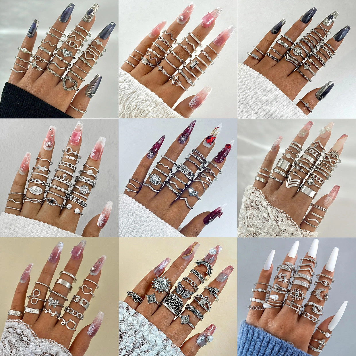 Wholesale Retro Butterfly Flower Moon Ring Punk Snake Stacking Joint Ring Set