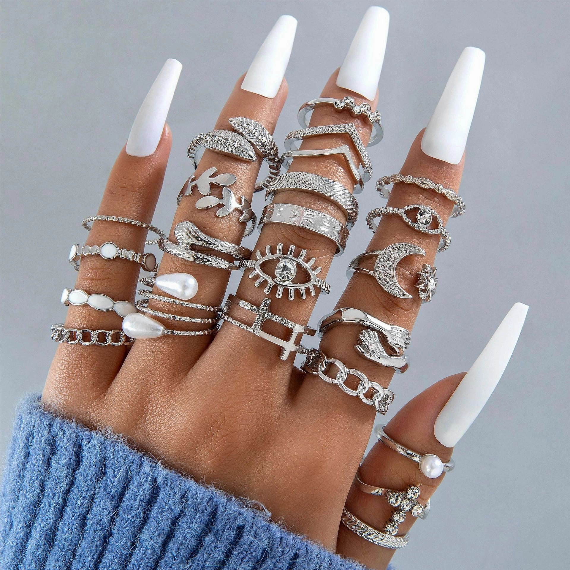 Wholesale Retro Butterfly Flower Moon Ring Punk Snake Stacking Joint Ring Set