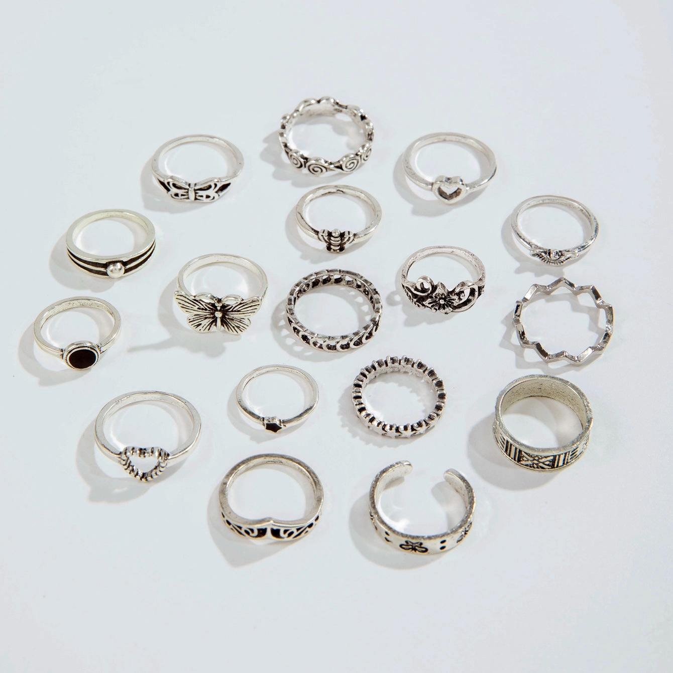 Wholesale Retro Butterfly Flower Moon Ring Punk Snake Stacking Joint Ring Set