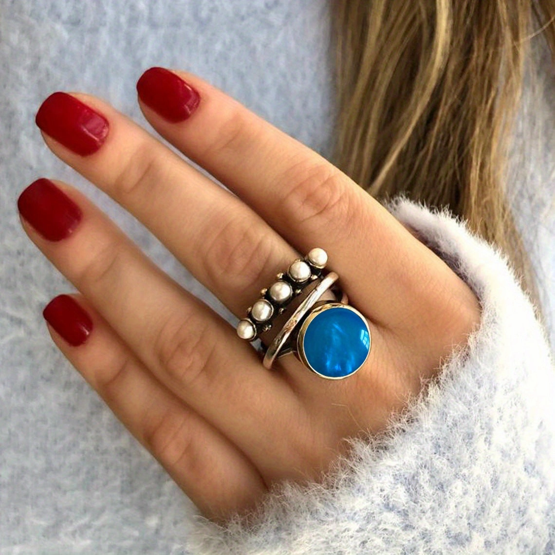 Wholesale Retro Creative New Large Pearl Inlaid Diamond Open Ring