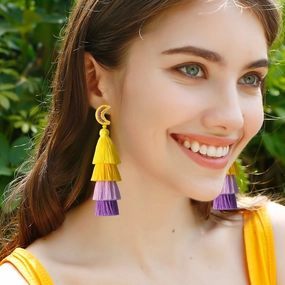 Wholesale Retro Ethnic Style Tassel Earrings Handmade Cotton Thread Rice Beads Braided Star and Moon Asymmetrical Earrings