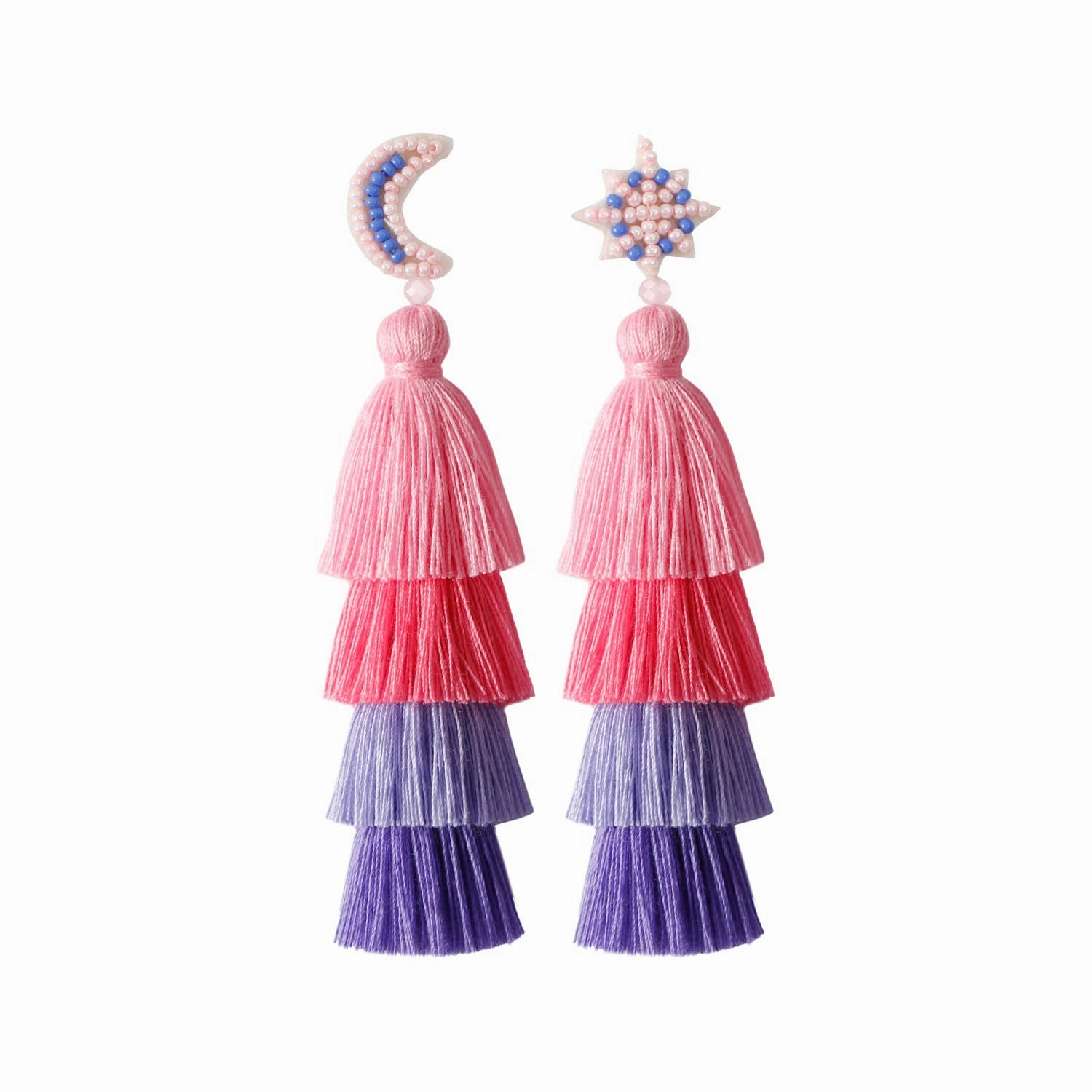 Wholesale Retro Ethnic Style Tassel Earrings Handmade Cotton Thread Rice Beads Braided Star and Moon Asymmetrical Earrings