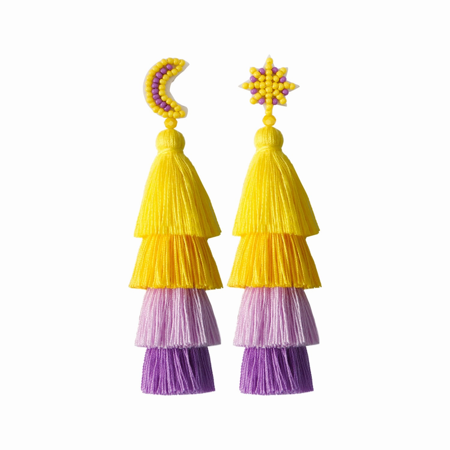 Wholesale Retro Ethnic Style Tassel Earrings Handmade Cotton Thread Rice Beads Braided Star and Moon Asymmetrical Earrings