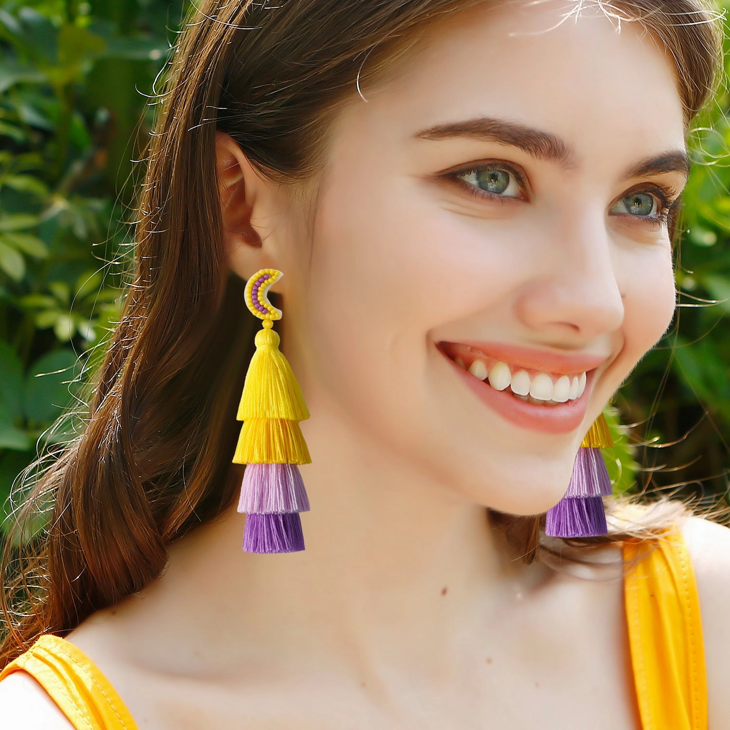 Wholesale Retro Ethnic Style Tassel Earrings Handmade Cotton Thread Rice Beads Braided Star and Moon Asymmetrical Earrings