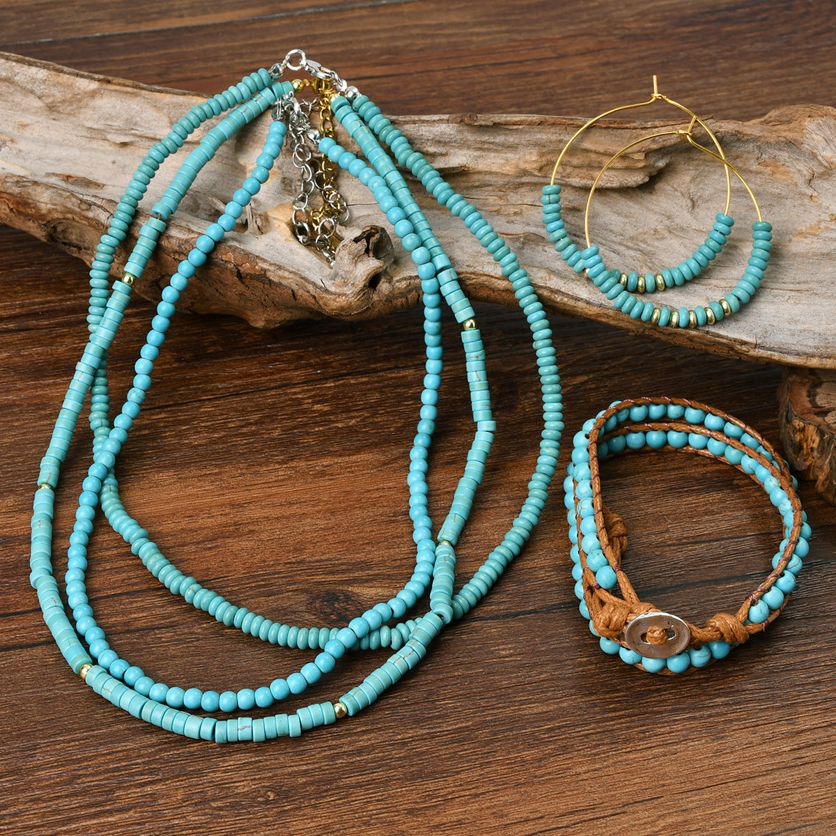 Wholesale Retro ethnic style turquoise beaded new Chinese necklace bracelet earrings set
