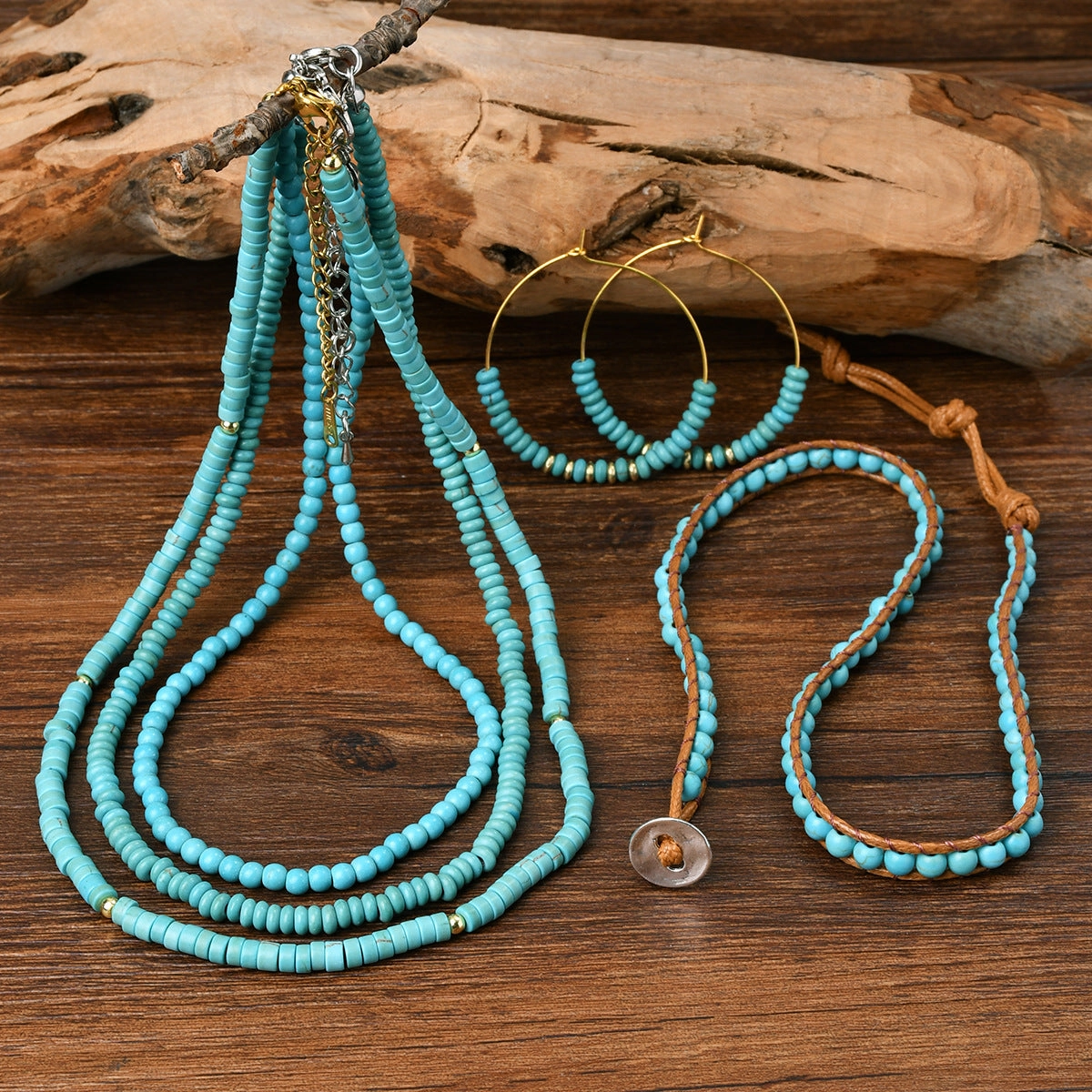 Wholesale Retro ethnic style turquoise beaded new Chinese necklace bracelet earrings set