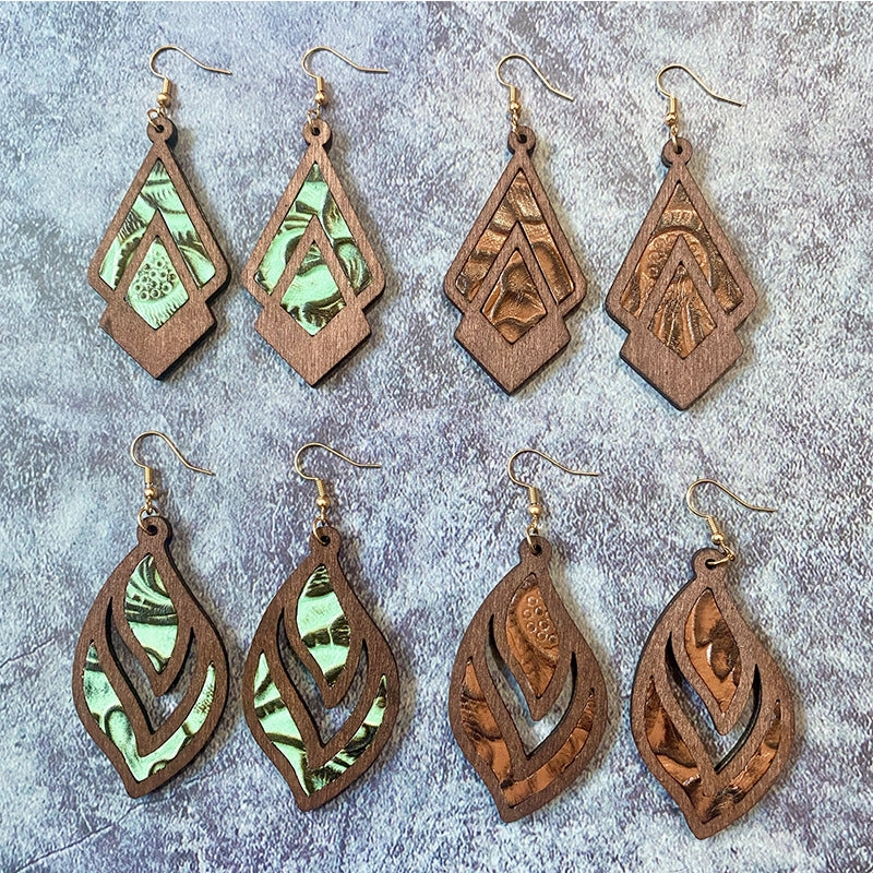 Wholesale Retro Genuine Leather Western Cowhide Embossed Inlaid Wood Geometric Hollow Earrings