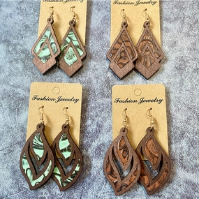 Wholesale Retro Genuine Leather Western Cowhide Embossed Inlaid Wood Geometric Hollow Earrings
