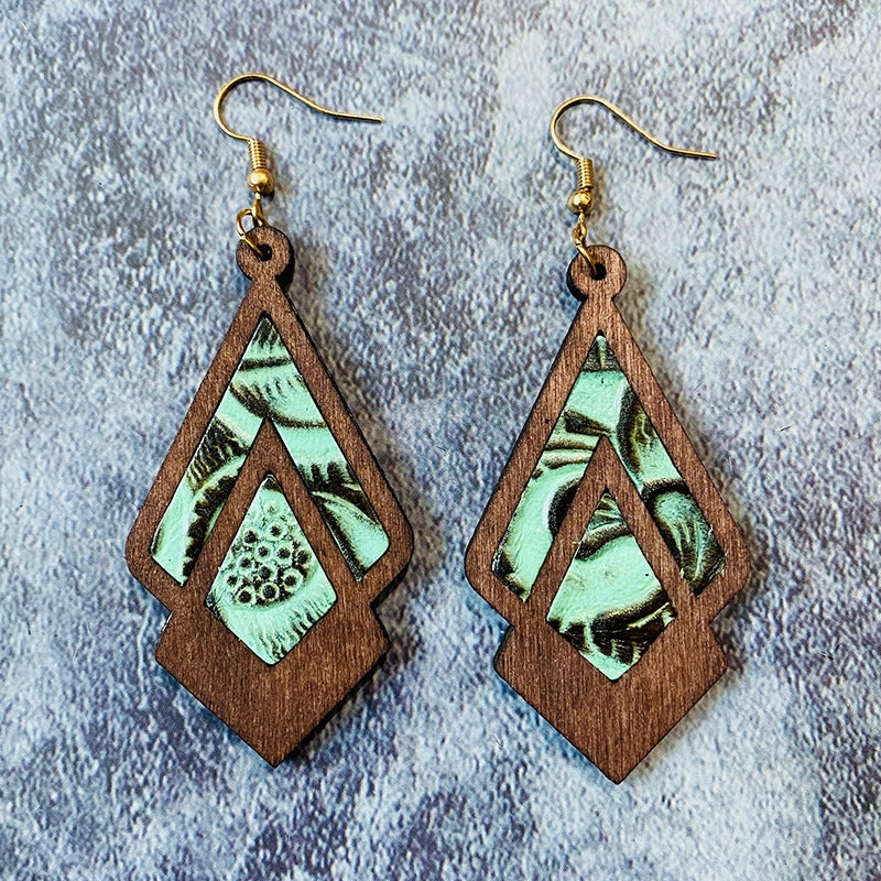 Wholesale Retro Genuine Leather Western Cowhide Embossed Inlaid Wood Geometric Hollow Earrings