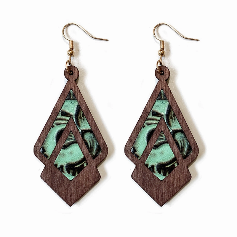 Wholesale Retro Genuine Leather Western Cowhide Embossed Inlaid Wood Geometric Hollow Earrings