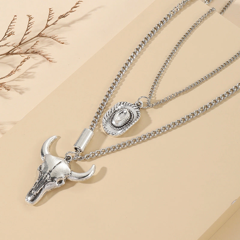 Wholesale Retro Hat Bull Head Pendant Double Chain Stacked Alloy Necklace