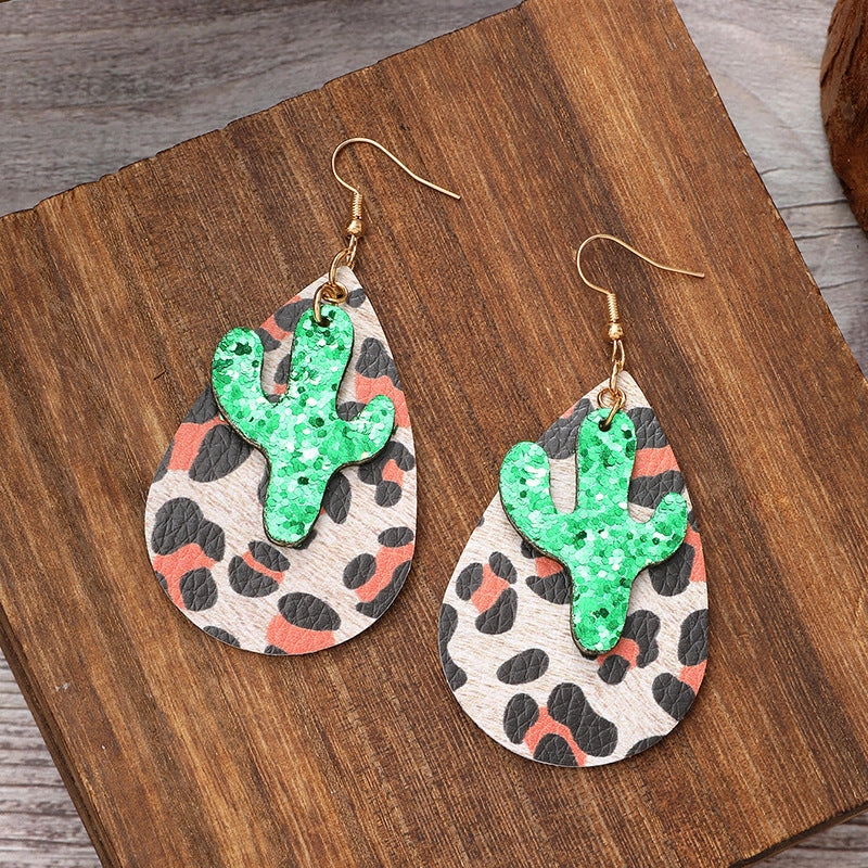 Wholesale Retro Leopard Drop Shape Cactus Earrings