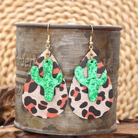 Wholesale Retro Leopard Drop Shape Cactus Earrings