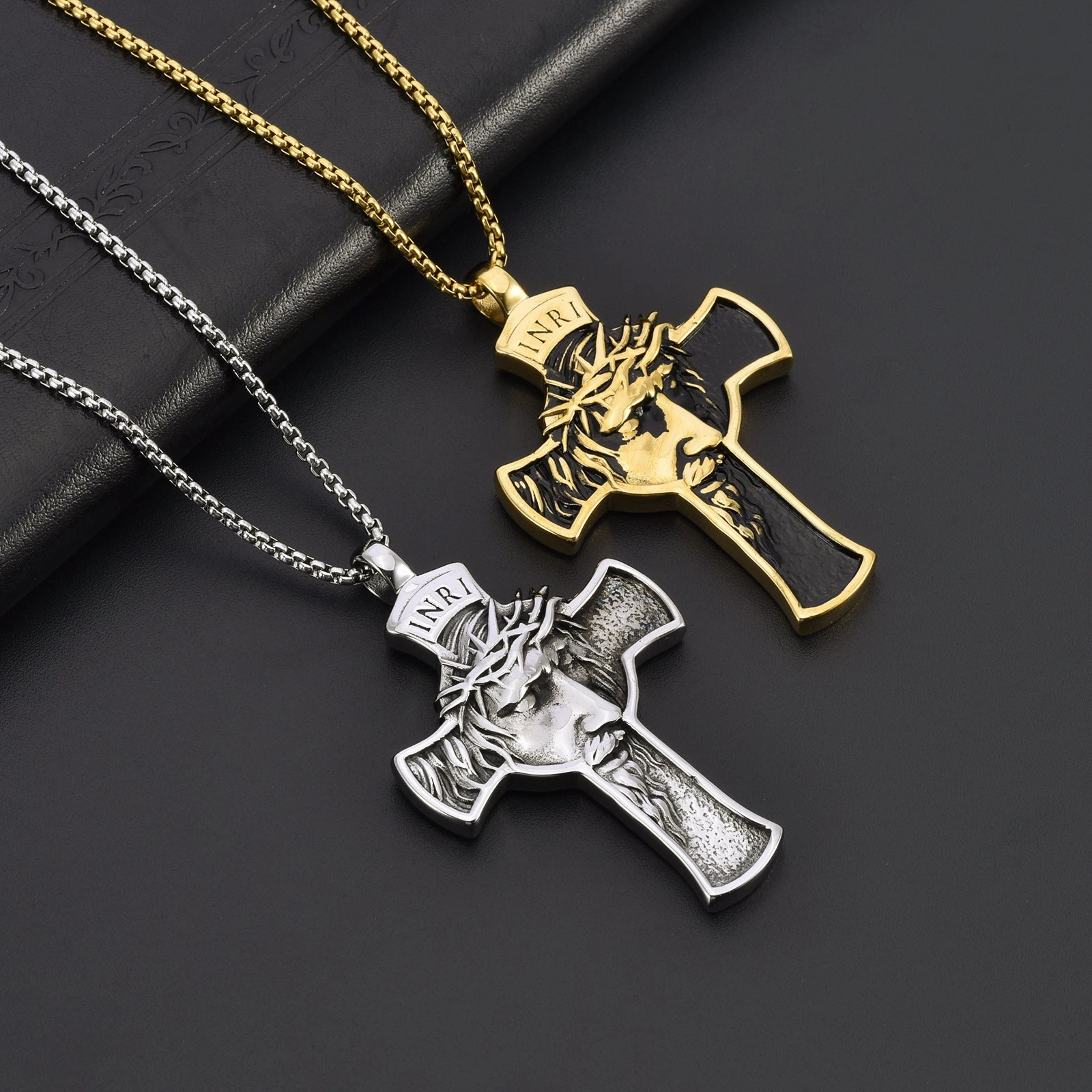 Wholesale Retro Portrait Thorn Crown Cross Stainless Steel Men's Necklace