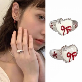 Wholesale Retro red French bow heart open ring