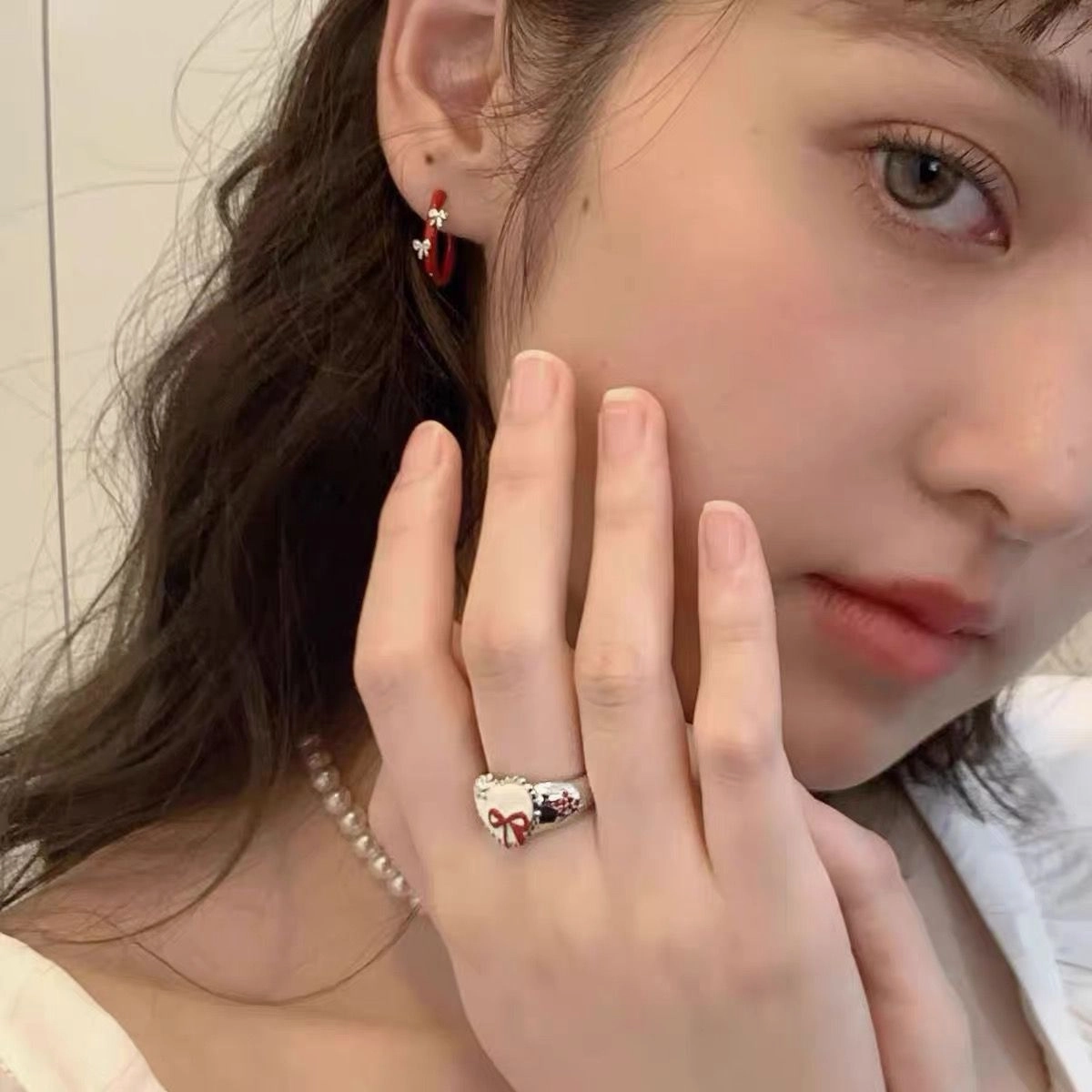 Wholesale Retro red French bow heart open ring
