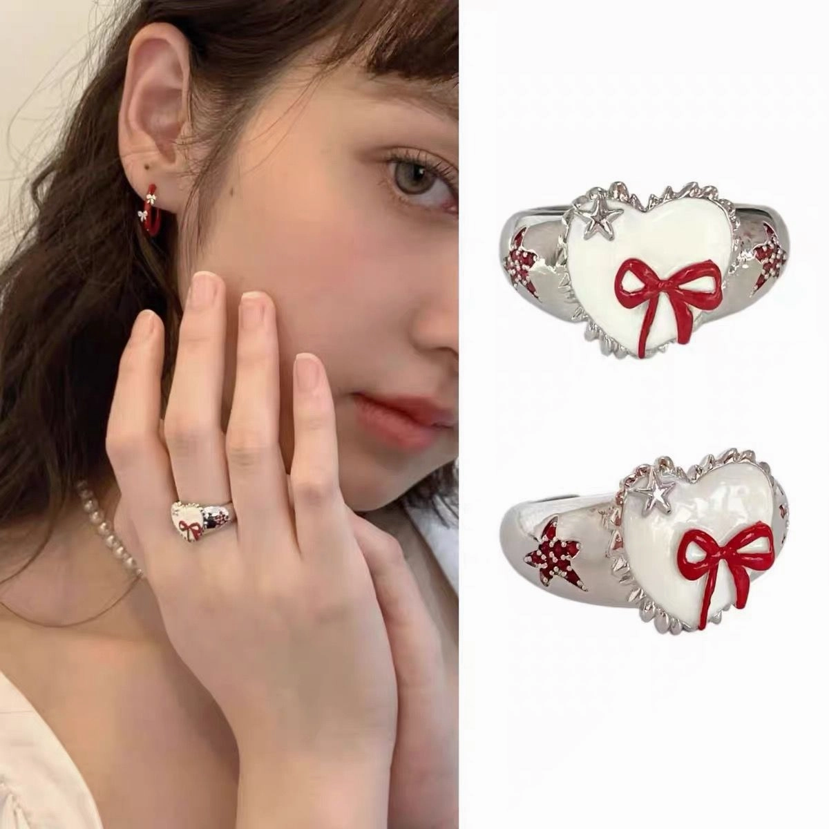 Wholesale Retro red French bow heart open ring