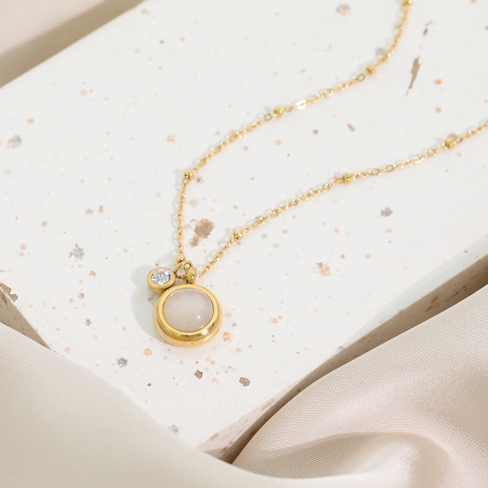 Wholesale Retro Round Brand Natural Stone Titanium Steel Necklace Clavicle Chain