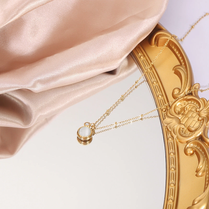 Wholesale Retro Round Brand Natural Stone Titanium Steel Necklace Clavicle Chain