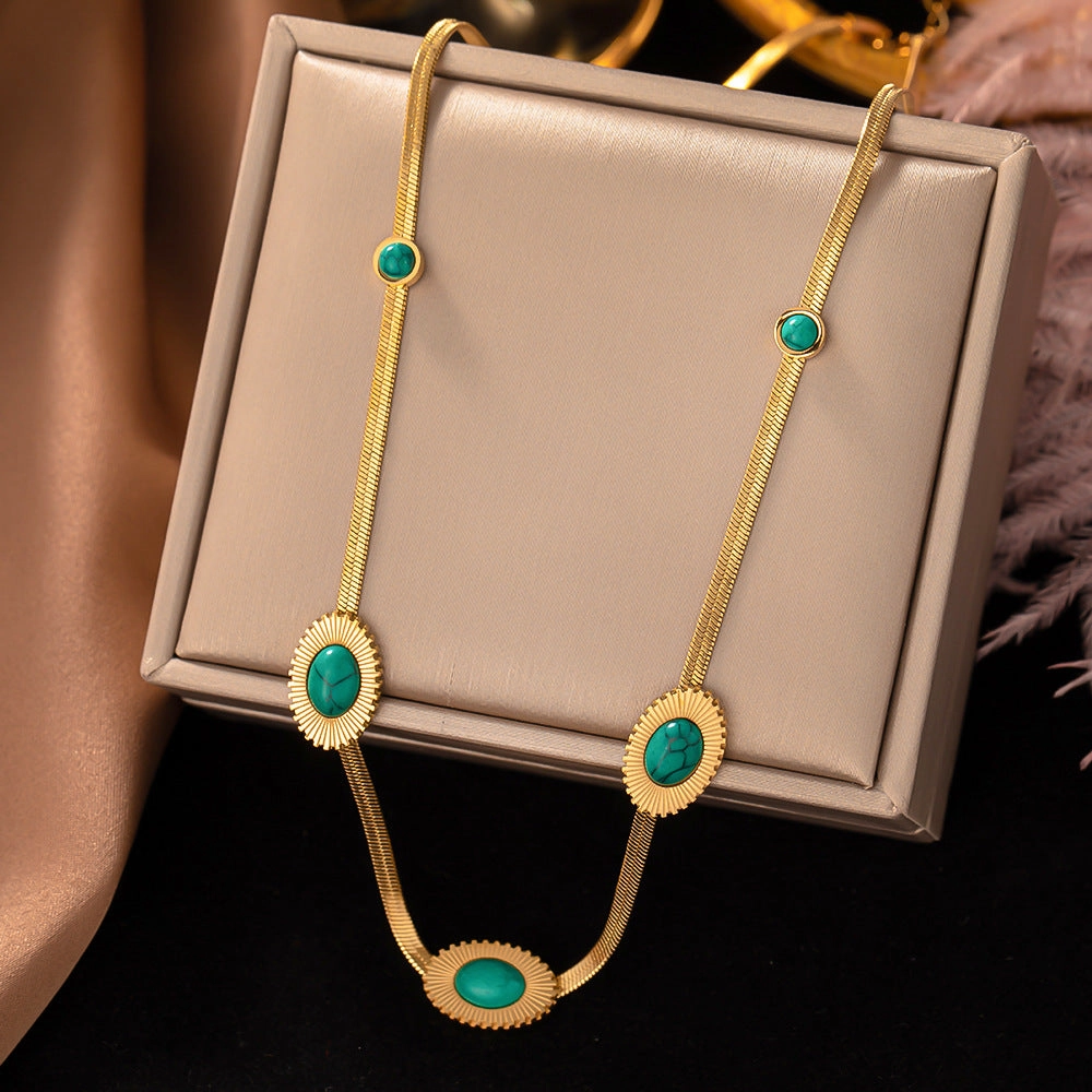 Wholesale Retro Simple Oval Turquoise Snake Bone Titanium Steel Necklaces