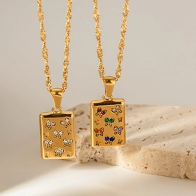 Wholesale Retro Square Butterfly White Diamond Stainless Steel Necklace