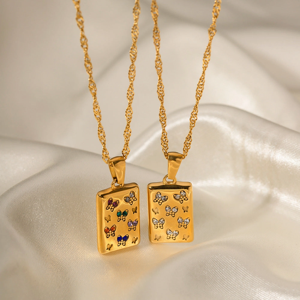 Wholesale Retro Square Butterfly White Diamond Stainless Steel Necklace