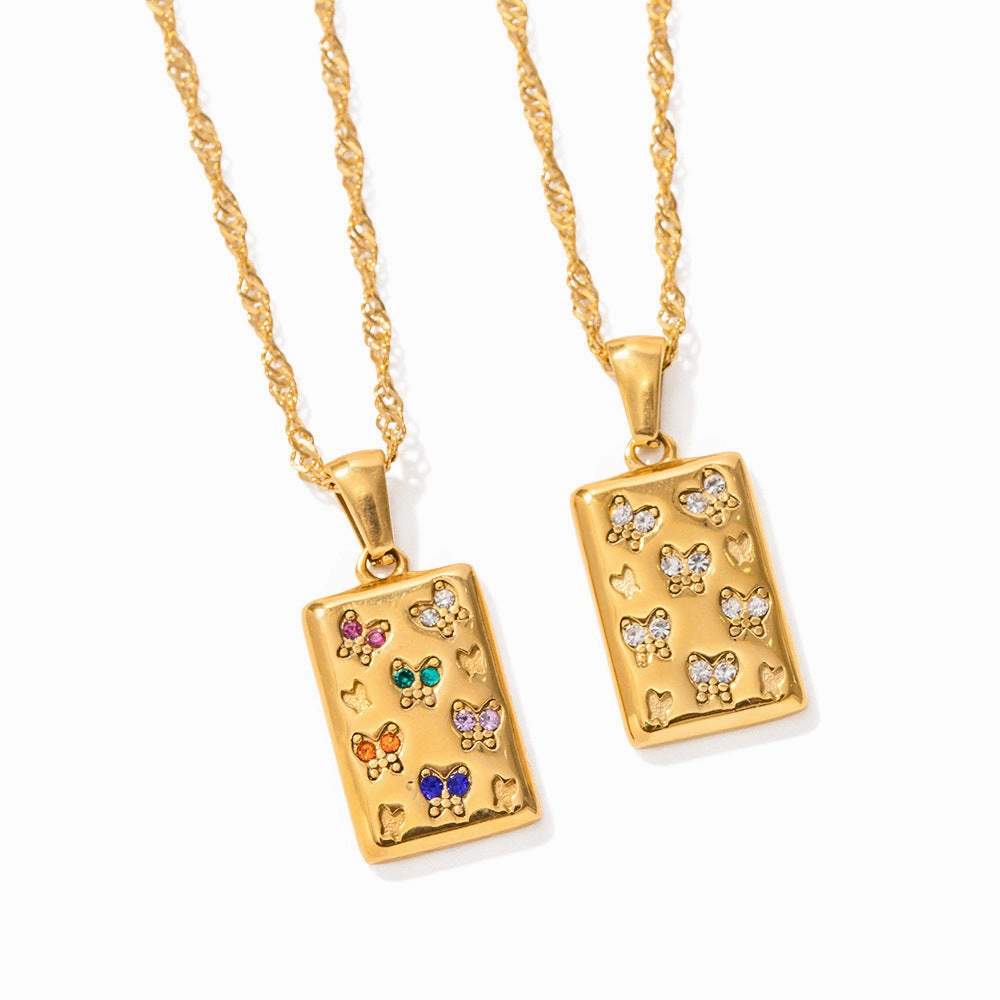 Wholesale Retro Square Butterfly White Diamond Stainless Steel Necklace