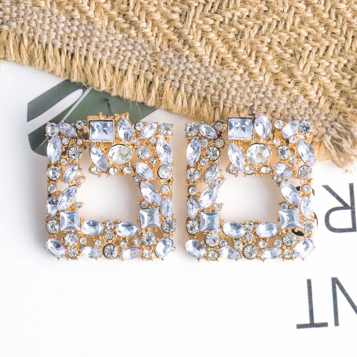Wholesale Retro Square Gemstone Diamond Inlaid Alloy Earrings