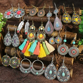 Wholesale Retro Tassel Hollow Alloy Oil Dripping Earrings Set