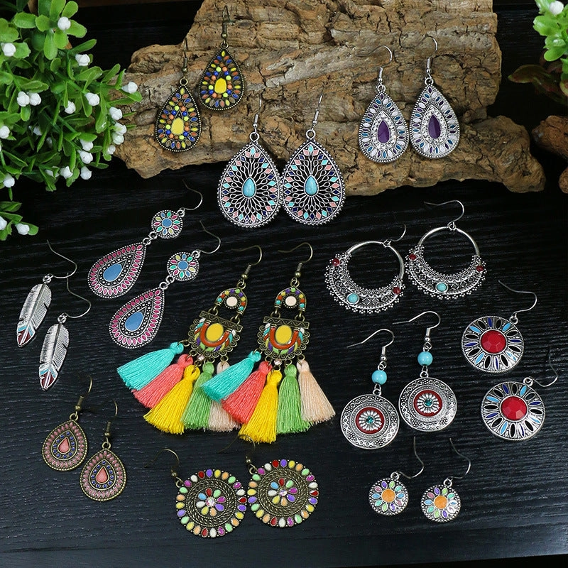 Wholesale Retro Tassel Hollow Alloy Oil Dripping Earrings Set