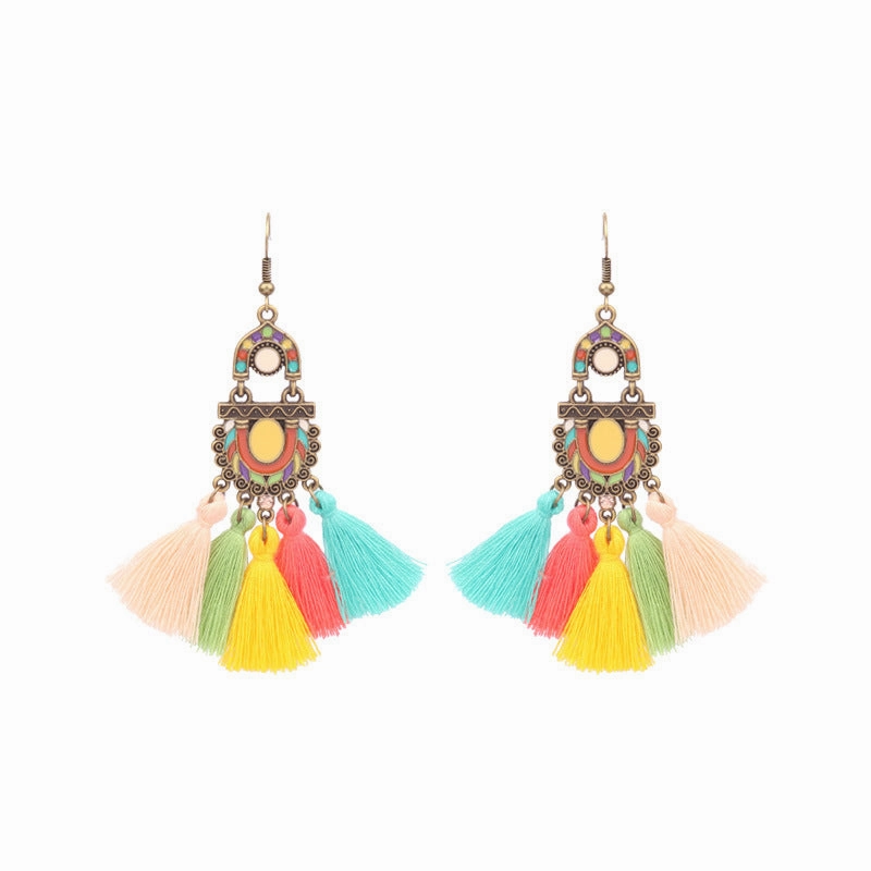 Wholesale Retro Tassel Hollow Alloy Oil Dripping Earrings Set
