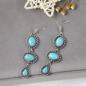 Wholesale Retro Turquoise Inlaid Long Geometric Oval Earrings