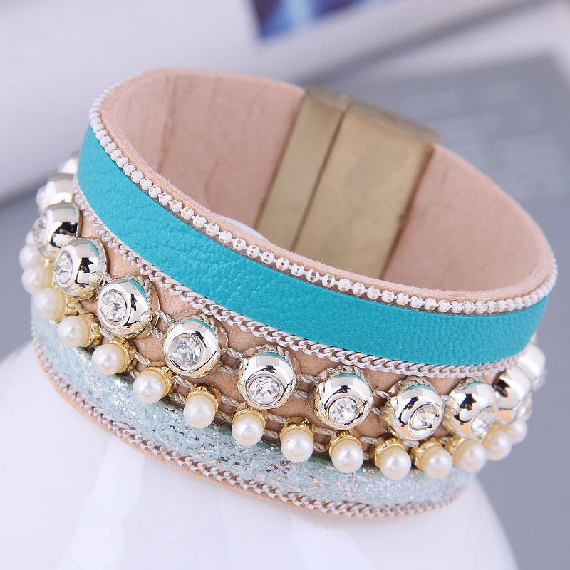Wholesale Rhinestone Pearl Leather Alloy Bracelet