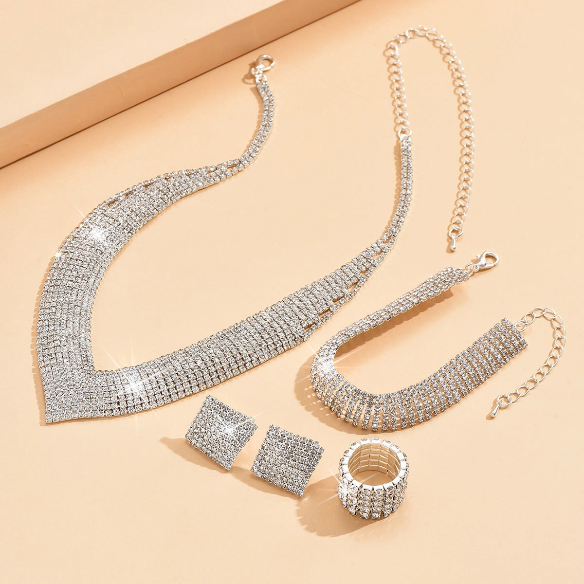 Wholesale Rhinestone Silver Plated Necklace Bracelet Stretch Ring Set