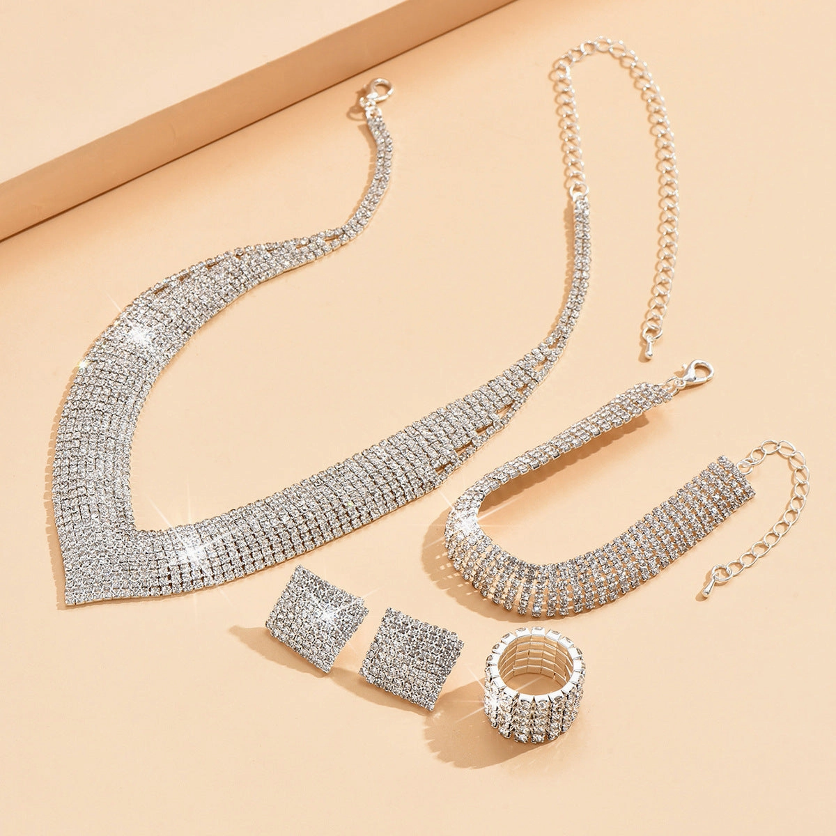 Wholesale Rhinestone Silver Plated Necklace Bracelet Stretch Ring Set
