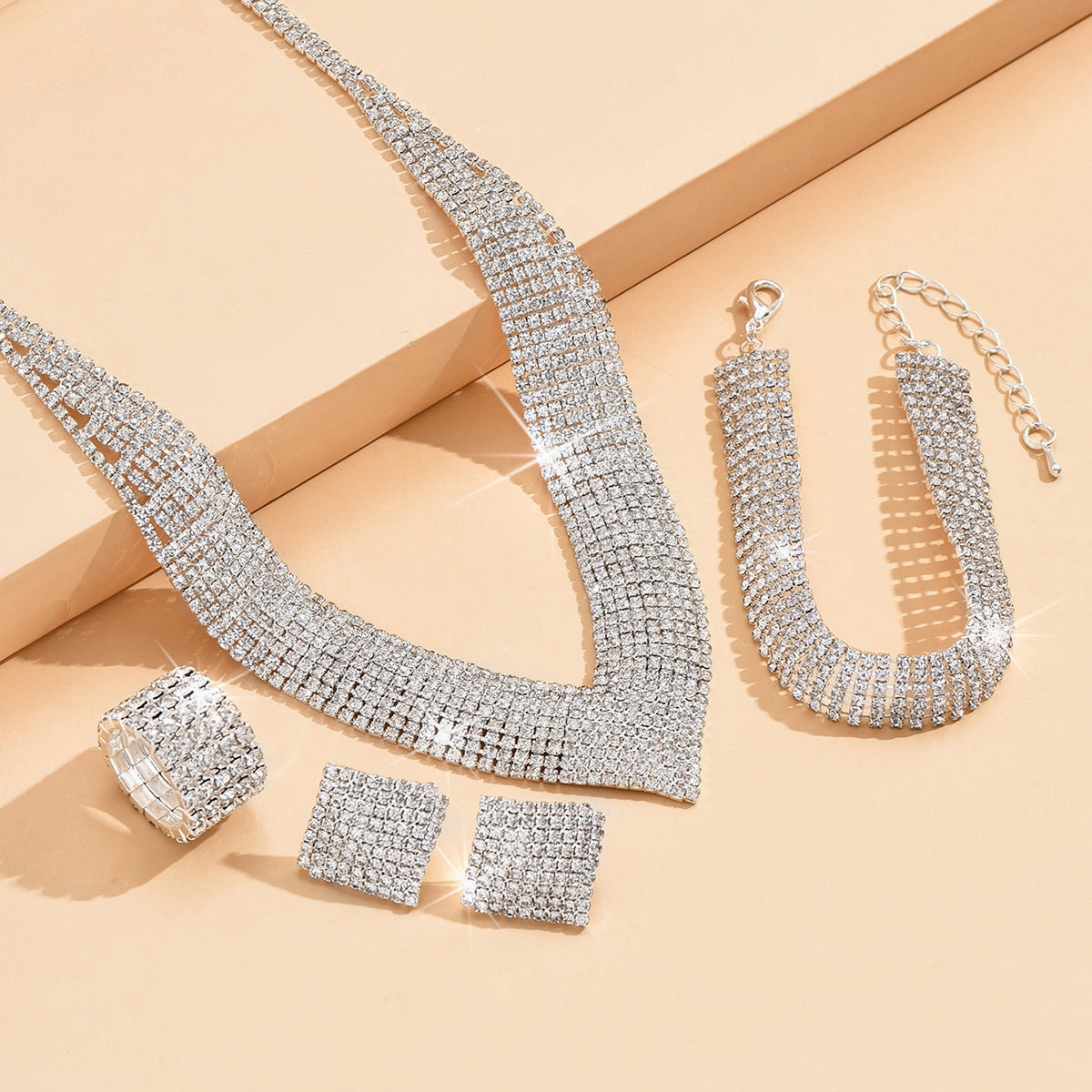 Wholesale Rhinestone Silver Plated Necklace Bracelet Stretch Ring Set