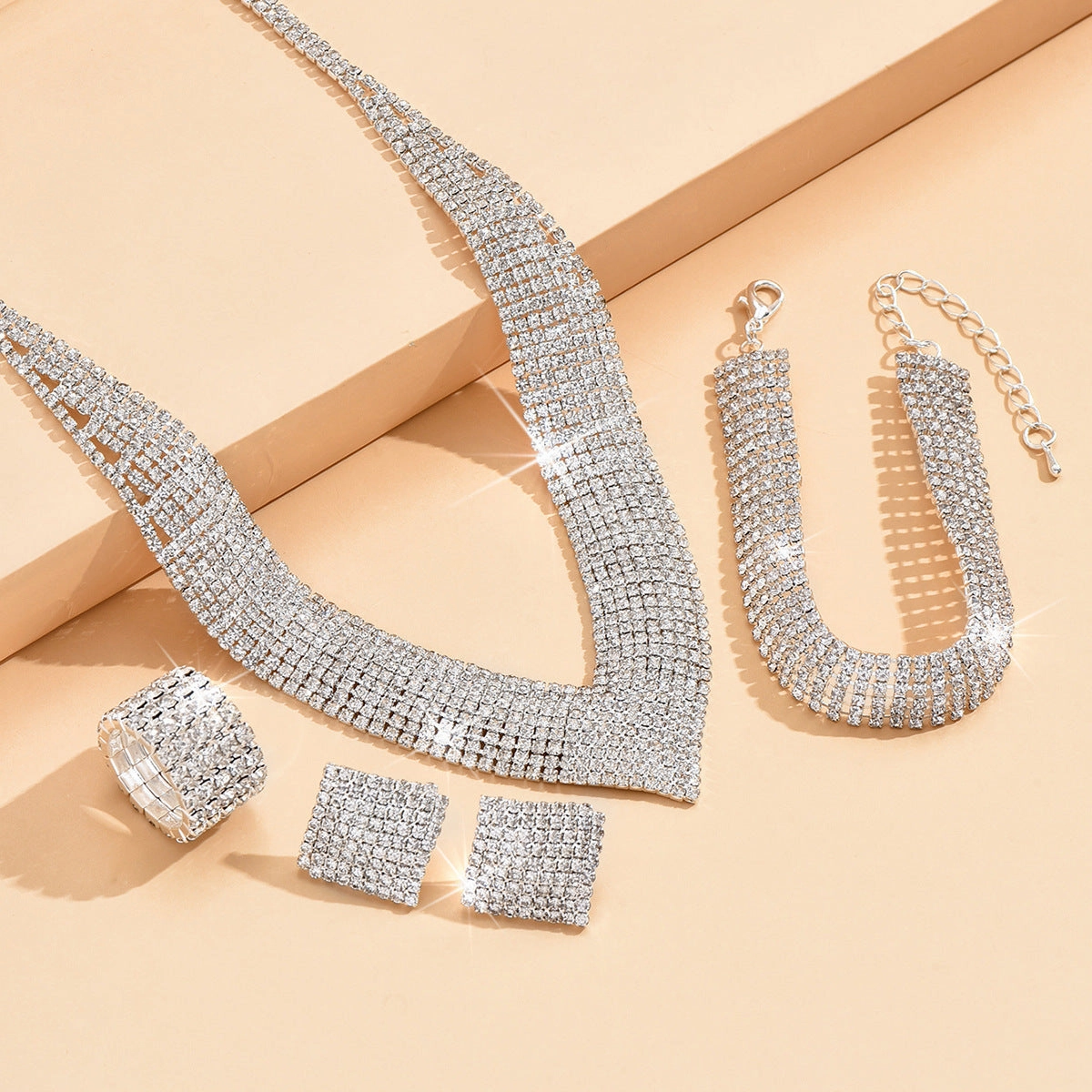 Wholesale Rhinestone Silver Plated Necklace Bracelet Stretch Ring Set