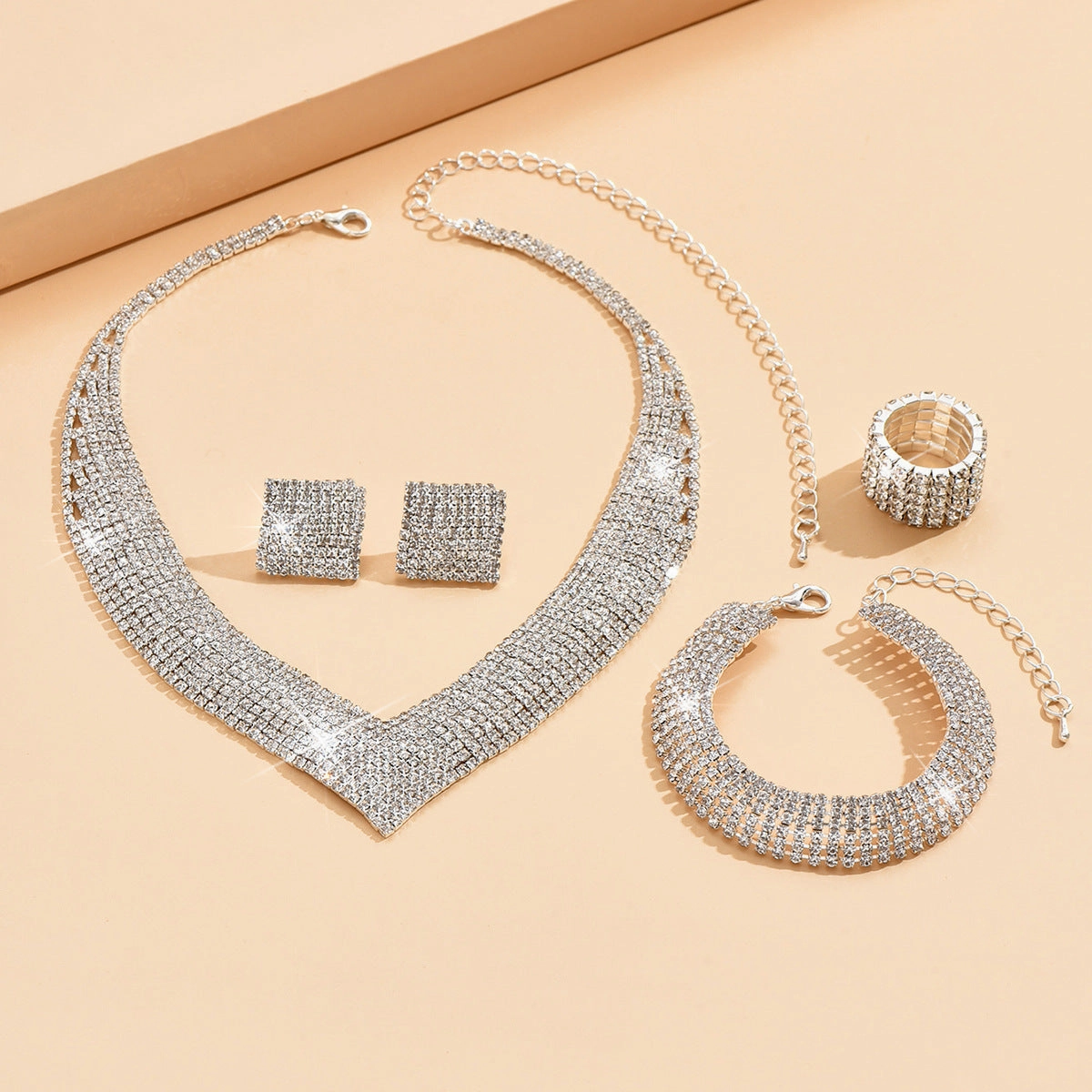 Wholesale Rhinestone Silver Plated Necklace Bracelet Stretch Ring Set