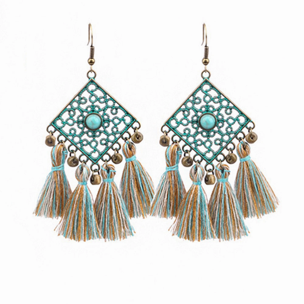 Wholesale Rhombus Carved Tassel Alloy Earrings Necklace Set