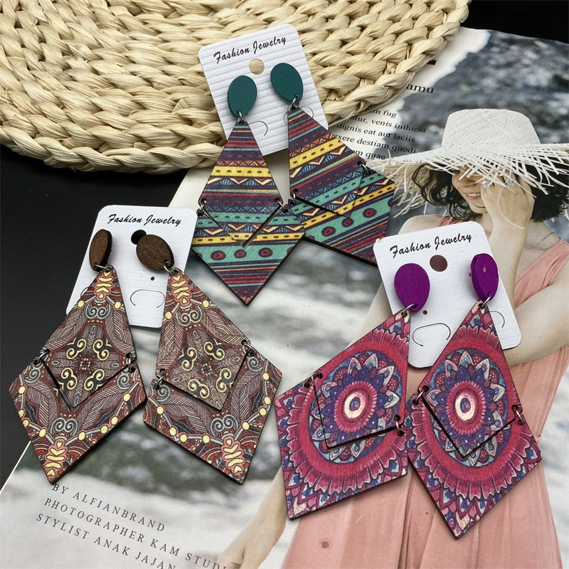 Wholesale Rhombus Vintage Wood Earrings