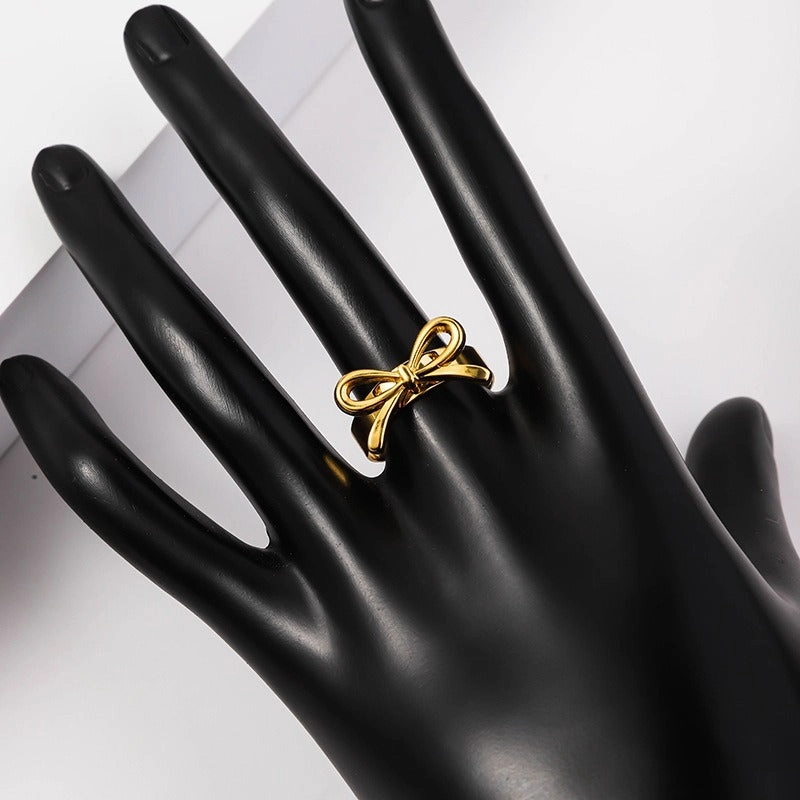 Wholesale Ribbon Knot Heart shaped 18K Real Gold Open Mouth Adjustable Luxury Stainless Steel Rings
