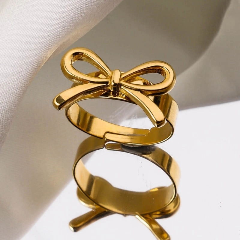 Wholesale Ribbon Knot Heart shaped 18K Real Gold Open Mouth Adjustable Luxury Stainless Steel Rings