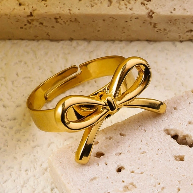 Wholesale Ribbon Knot Heart shaped 18K Real Gold Open Mouth Adjustable Luxury Stainless Steel Rings
