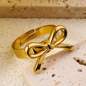 Wholesale Ribbon Knot Heart shaped 18K Real Gold Open Mouth Adjustable Luxury Stainless Steel Rings