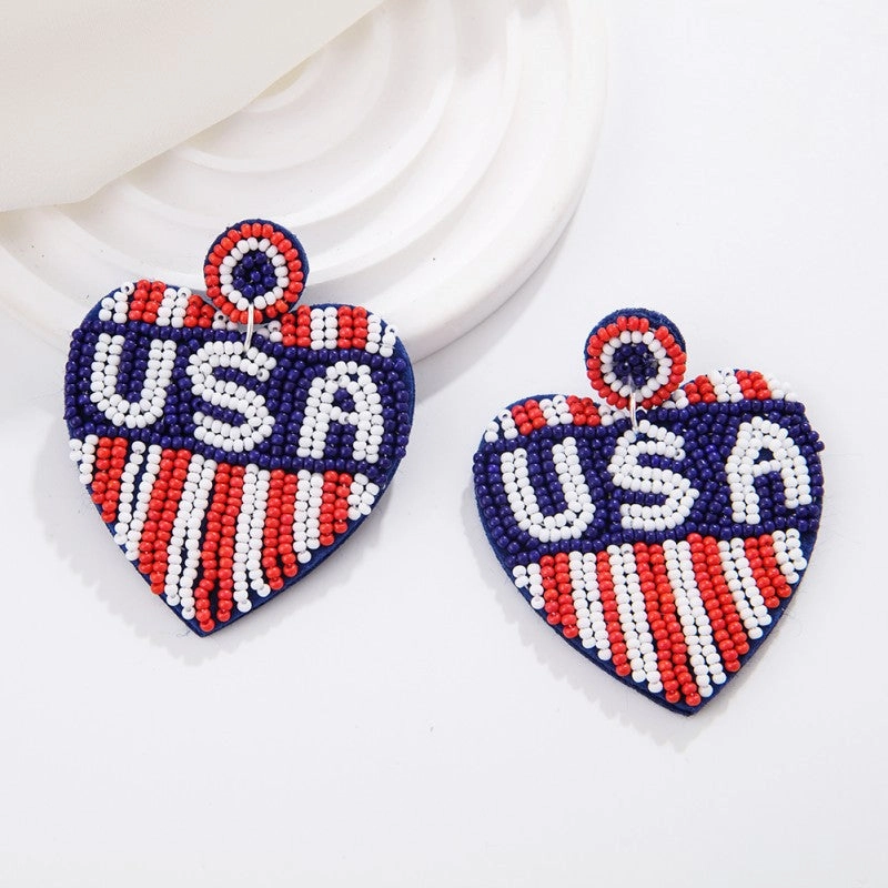 Wholesale rice bead earrings ethnic style hand-stitched love fabric earrings