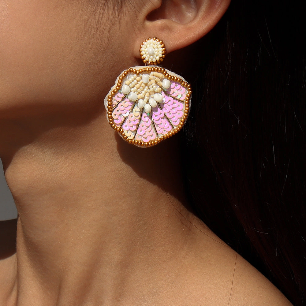 Wholesale Rice Beads and Shell Gradient Sequin Colorful Earrings