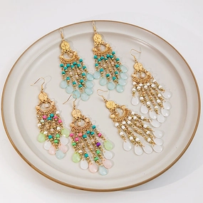 Wholesale Rice Beads Colorful Water Drop Tassel Hollow Out Earrings