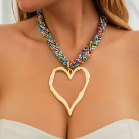 Wholesale Rice Beads Multi-layered Love-shaped Pendant Heart Alloy Necklace