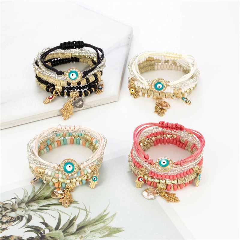 Wholesale Rice Beads Palm Acrylic Elastic Beads Combination Set Alloy Bracelet