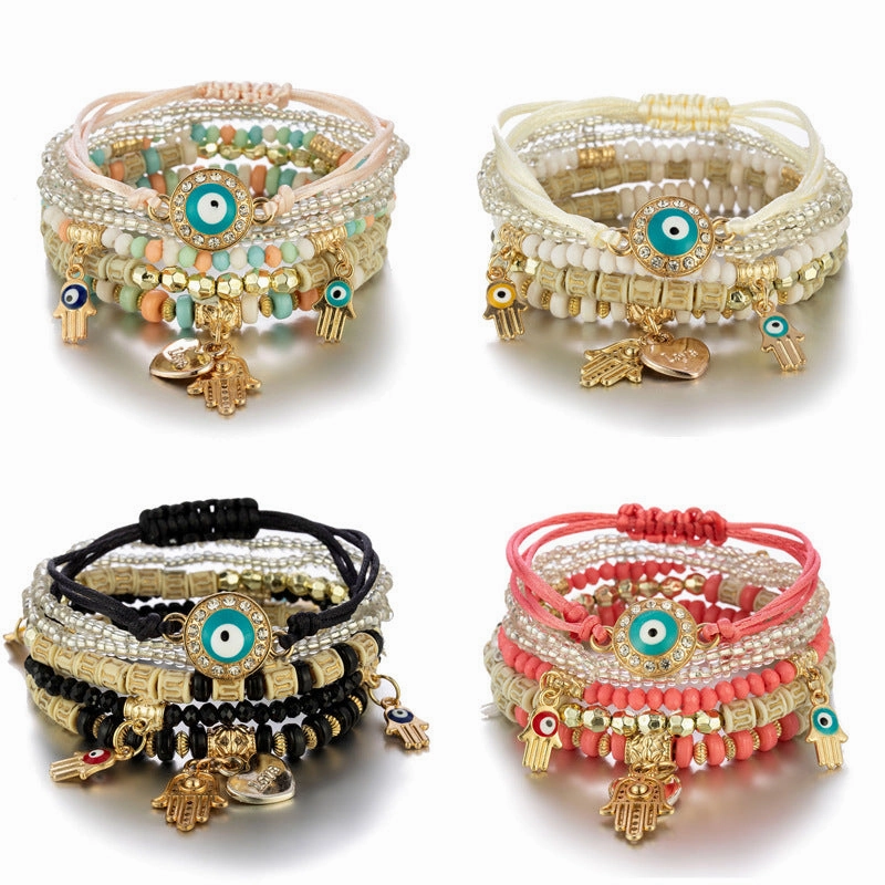 Wholesale Rice Beads Palm Acrylic Elastic Beads Combination Set Alloy Bracelet